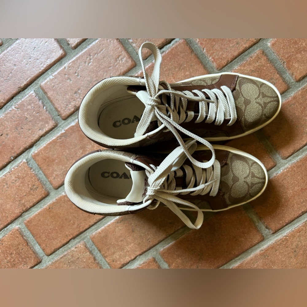 High top Coach sneakers. Barely worn. Size 6. Brown with beige laces and trim